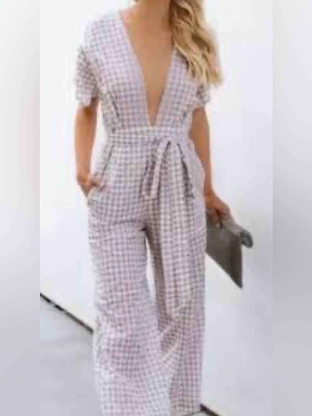 Gingham Deep-V Jumpsuit with Tie Waist | White & Tan | Size Medium